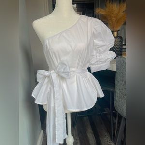 One shoulder white top